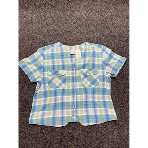 Sugar Company Blue Green Plaid Cotton Button Down V-Neck Top Vest Hem Womens L